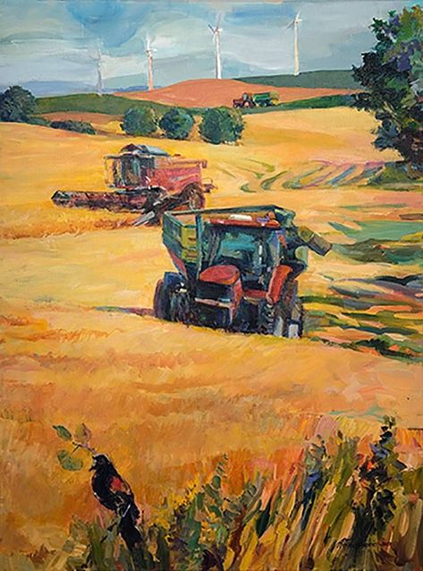 Plenty for All 🌾 Painting of the Week See this painting at the Red Door Gallery in Wahpeton, ND 🚜 #acrylic #farming #rollag #steamthreshers #wheat Agriculture Pictures, All Painting, Tractor Art, Field Paint, Farm Paintings, Farm Art, Field Of Dreams, American Painting, Farm Scene