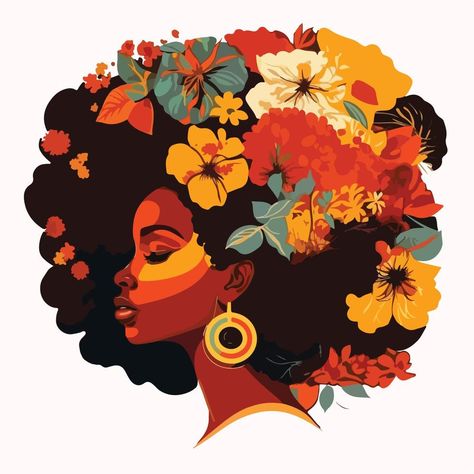 Flower Afro Drawing, Black Woman With Afro Drawing, Afro Woman Painting, Afro Flowers In Hair, Black Women With Flowers In Hair, Afro Woman Illustration, Hair With Flowers Drawing, Afro Hair Painting, Afro Painting Black Art