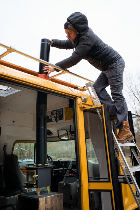 How to Easily Install a Wood Stove in a Camper Van - Outbound Living Small Truck Camper, Camper Stove, Mini Wood Stove, School Bus Camper, Kombi Motorhome, Transit Van, Build A Camper Van, Build A Camper, Van Life Diy