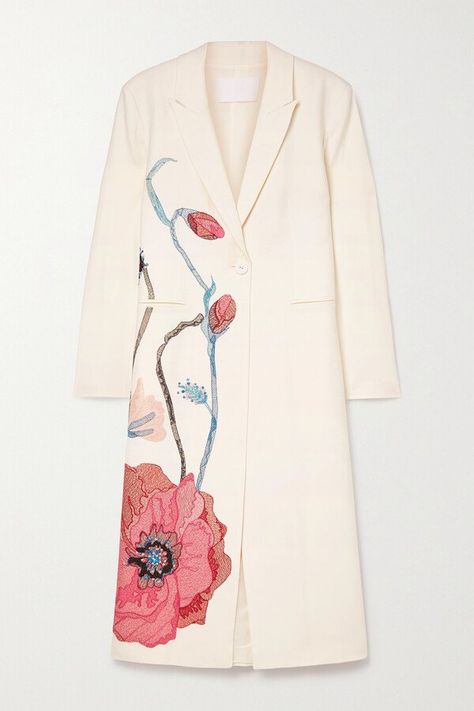 Costarellos Zelia Embroidered Wool-blend Coat Costarellos' 'Zelia' coat is intricately embroidered with vibrant poppies in shimmery, metallic threads. Tailored from a cream wool-blend, it has a longline silhouette with lightly padded shoulders and a full satin lining. Wear yours over one of the label's equally romantic dresses. Purchase Worn by Queen Mathilde on:4 May 2022 Coat Embroidery, Romantic Dresses, Mode Kimono, Fashion Top Outfits, Embroidered Wool, Abaya Designs, Embroidery On Clothes, Painted Clothes, Romantic Dress