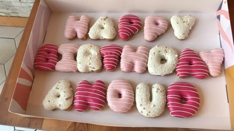 Custom Donuts For Birthday, Happy Birthday Donuts Letters, Donut Letters, Donut Business, Donut Decor, Donut Decorating Ideas, Treat Business, Hello Kitty Birthday Cake, March Baby