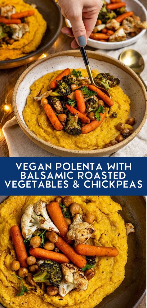 Polenta Recipes Vegan, Balsamic Roasted Vegetables, Polenta Vegan, Vegan Polenta, Veggies Roasted, Vegan Winter Recipes, Polenta Recipes, Vegan Entree, Vegan Roast