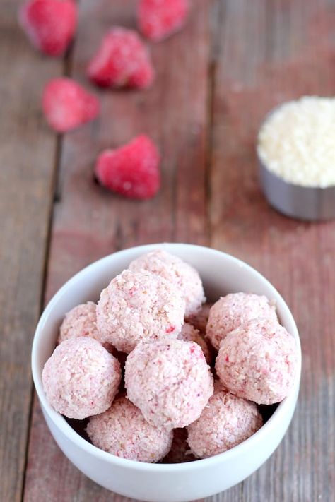 Valentines Protein Balls, Strawberry Balls, Fruit Balls, Potluck Dessert, Dishing Out Health, Protein Balls Healthy, Arbonne Nutrition, Peach Kitchen, Power Snacks