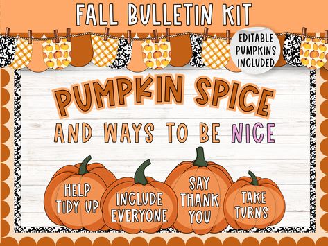 💻 THIS IS A DIGITAL DOWNLOAD 💻  ❤️ Please follow steps in last photo to download your items. I am unable to email copies to individual emails ♥️  🍁 Fall Bulletin Board Kit: Pumpkin Spice & Ways to Be Nice 🍁 Transform your classroom this fall with our vibrant and engaging bulletin board kit! Perfect for creating a warm, welcoming atmosphere while promoting kindness and positive behavior. Key Features: 🎃 Editable Pumpkins: Customize each pumpkin with your own text to fit your classroom needs. Fall School Counselor Bulletin Board, Fall Ela Bulletin Board, Pumpkin Bulletin Boards For Elementary, Positive School Bulletin Boards, Fall Kindness Bulletin Board, Pumpkin Spice Bulletin Board, Caring Bulletin Board Ideas, Thanksgiving Bulletin Board Ideas School, Fall Bulletin Boards For Elementary