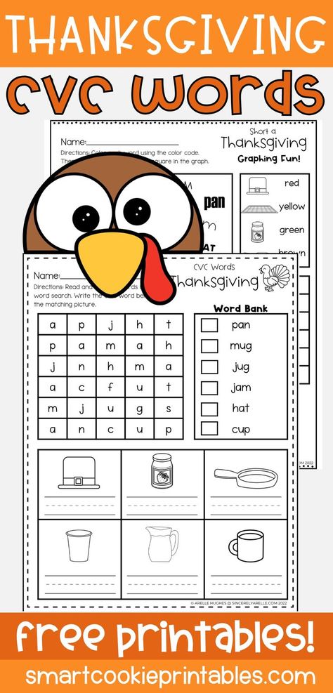 Image shows 2 Thanksgiving CVC Words Worksheets for kids. (Free Printable) Thanksgiving Worksheets Preschool, Thanksgiving Worksheets Kindergarten, Words Worksheets For Kindergarten, Kindergarten Fall Worksheets, Cvc Worksheets Free, Short Vowel Activities, Thanksgiving Activities For Kindergarten, Thanksgiving Activities Preschool, Writing Cvc Words