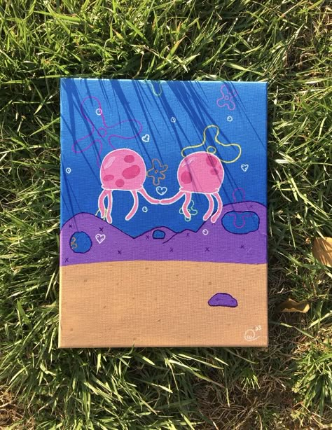 Spongebob Jellyfish Painting, Jellyfish From Spongebob, Jellyfish Painting Easy, Spongebob Jellyfish, Halloween Canvas Paintings, Cute Easy Paintings, Jellyfish Painting, Spongebob Painting, Bubble Painting