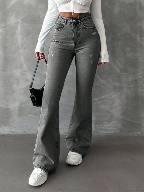 Women's High Waist Distressed Flare Long Jeans Grey    Denim Plain Flare Leg Slight Stretch  Women Clothing, size features are:Bust: ,Length: ,Sleeve Length: Grey Flared Jeans Outfit, Grey Jeans Outfit, High Waisted Jeans Outfit, Outfit Jeans, Jeans Grey, Long Jeans, School Fits, Grey Jeans, Grey Denim