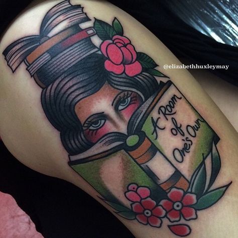 Reading Tattoo, Traditional Tattoo Inspiration, Bookish Tattoos, Traditional Style Tattoo, Neck Tattoos Women, Tattoo Traditional, Traditional Tattoo Design, Tattoo Portfolio, Book Tattoo