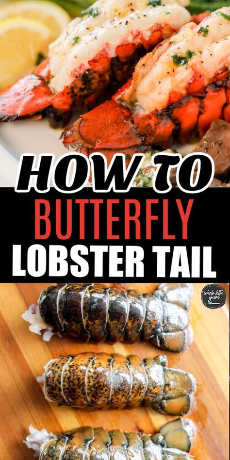 How to butterfly lobster tail including how to clean, cut lobster tail, butterflying it, and how to cook it too. How To Prepare Lobster, Steak And Lobster Dinner, Lobster Cake, Broil Lobster Tail, Spiny Lobster, Lobster Dishes, Lobster Recipes Tail, Lobster Dinner, Lobster Tail