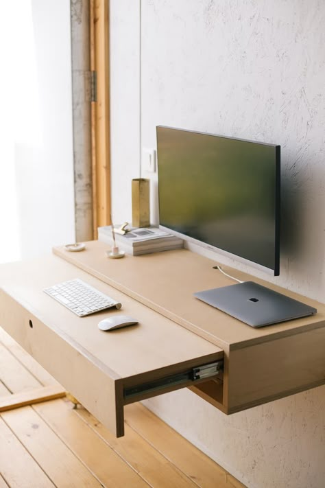 Photo 9 of 13 in My House: A Roaming Couple Settle Down by DIYing a Tiny Cabin for Less Than $10K - Dwell Hidden Desk, Small Computer Desk, Small Home Offices, Floating Desk, Casa Country, Tiny Cabin, Office Setup, Desk Design, Home Office Design