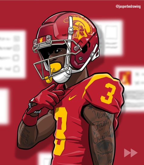 Nfl Drawings, College Football Art, Football Cartoon, Sports Artwork, Fire Pics, Demon Time, Usc Trojans Football, Sports Illustration, Trojans Football