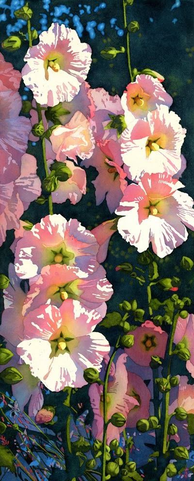 Hollyhocks Flowers, 수채화 그림, Watercolor Inspiration, Arte Floral, Botanical Art, Beck, 그림 그리기, Floral Painting, Painting Inspiration