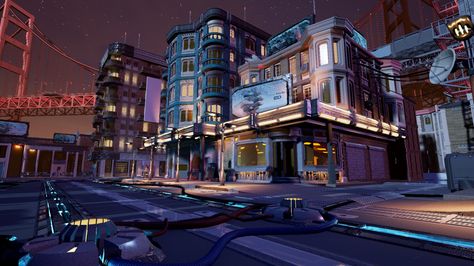 Sci Fi Mansion, Sci Fi Street, Environment Reference, Sci Fi City, 3d Environment, Shop Buildings, City Road, Environment Art, Cyberpunk City