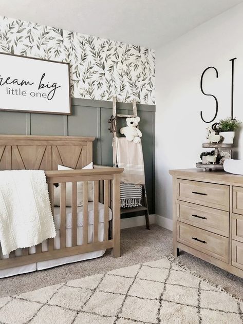 nursery room decor, nursery room closet, nursery organization, baby room decor, baby room wallpaper, kids room murals #nurseryideas Farmhouse Nursery Ideas, Rustic Girl Nursery, Baby Room Wallpaper, Neutral Nursery Rooms, Closet Nursery, Wallpaper Kids Room, Room Murals, Nursery Accent Wall, Nursery Designs