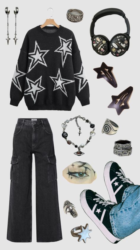 #y2k #y2kaesthetic #grunge #grungeaesthetic #silver #swirl #stars #aesthetic Emo Goth Outfits, Stars Aesthetic, Y2k Star, Wardrobe Outfits, Y2k Outfits, Emo Goth, Grunge Y2k, Aesthetic Outfits, Swirl