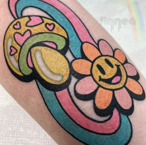 Groovy Traditional Tattoo, Small Psychadelic Tattoo, Trippy Flowers Tattoo, Hippie Flower Tattoos, Colorful Trippy Tattoos, Trippy Smily Face Tattoos, Traditional Psychadelic Tattoo, Smiley Face Tattoo, Hippie Tattoo