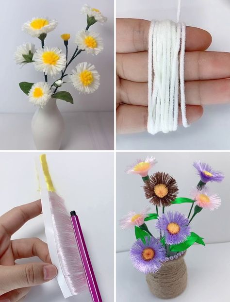 Easy DIY Wool Flower Making Tutorials | flower, yarn, tutorial | How to Make Beautiful Flower with Yarn :) | By Simple Crafts Wool Flowers How To Make, Woolen Flower Making, Pompom Flowers, Flower Making Crafts, Wool Crafts Diy, Yarn Flower, Woolen Flower, Diy Wool, Flower Pot Design