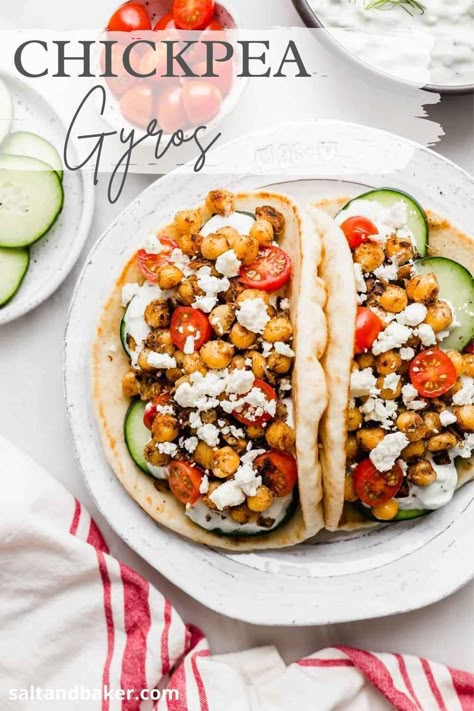 Dinner Recipe With Chickpeas, Healthy Dinner Chickpeas, Roasted Chickpea Meals, Roasted Chickpea Gyros, Chickpea Gyro Recipe, Chickpeas Dinner Recipe, Gyro Recipe Vegetarian, Dinner Ideas With Chickpeas, Greek Vegetarian Recipes Dinner