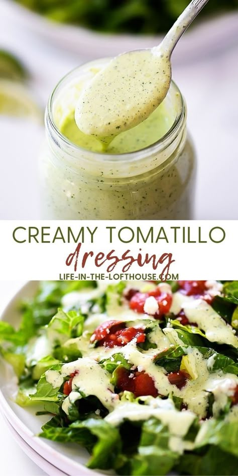 Creamy Tomatillo Dressing What Can You Make With Tomatillos, Tomatillo Cream Sauce, Easy Tomatillo Recipes, Tomatillo Salad Dressing, Creamy Tomatillo Sauce, Tomitillo Recipes Chicken, Roasted Tomatillo Recipes, Tomitillo Recipes Roasted, Recipes Using Tomatillos