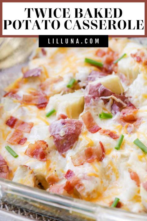 Twice Baked Potato Casserole - the classic potato dish in casserole form filled with red potatoes, cheese, sour cream, bacon and more. It's the perfect side dish to any holiday meal or dinner. #twicebakedpotatocasserole #potatocasserole #twicebakedpotato #potato #twicebaked Bake Potato Recipes, Double Baked Potatoes, Cheese Potato Casserole, Twice Baked Potato Casserole, Leftover Baked Potatoes, Loaded Baked Potato Casserole, Easy Casserole Dishes, Twice Baked Potato, Potatoes In Oven