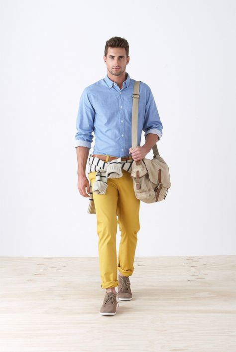 Yellow chino Yellow Chinos Men Outfit, Mens Yellow Pants, Chinos Men Outfit, Chinos Men, Mens Fashion Country, Yellow Pants, Man Child, Mens Chinos, Casual Clothes