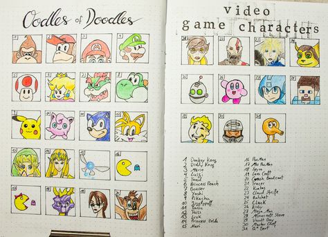 Bullet Journal Video Games, Video Game Journal, Video Game Doodles, Draw Challenge, Doodle Challenge, Bujo Spreads, Notebook Doodles, Doodle Videos, Game Characters