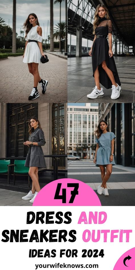 40 Dress and Sneakers Outfit Ideas: A 2024 Guide to Effortless Chic Fitted Dress And Sneakers Outfit, Dresses With New Balance Sneakers, Fitted Dress With Sneakers, Semi Formal Outfits For Women, Dresses With Tennis Shoes, Dress And Sneakers, Sneakers Outfit Work, Dress And Sneakers Outfit, Sneakers Outfit Summer