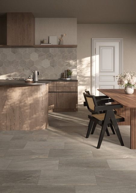 5 New Trends in Flooring for 2024 Transitional Kitchen Tile Floor, Kitchen Flooring Porcelain Tile, Ceramic Kitchen Tile Floor, Best Floors For Kitchen, Neutral Kitchen Flooring, Kitchen Porcelain Tile Floor Ideas, Dining Room Tile Floor Ideas, Main Floor Flooring, Kitchen Floor Tiles Design Modern