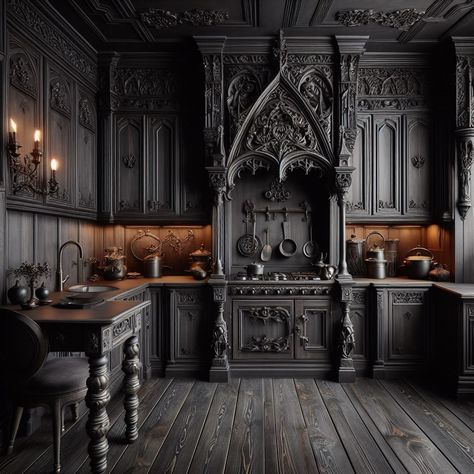 Gothic Kitchen Dark Wood Cabinetry Dark Aesthetic Kitchen Decor, Gothic Victorian Interior Design, Gothic Kitchen Ideas, Home Dark Academia, Dark Moody Kitchen, Kitchen Dark Wood, Gothic Rooms, Gothic Cabinet, Tudor Design