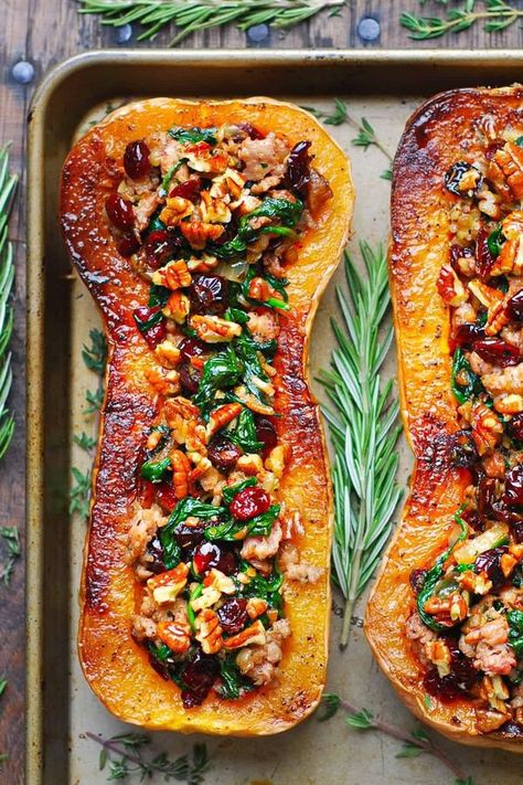 Sausage Stuffed Butternut Squash, Squash With Sausage, Stuffed Butternut Squash, Stuffed Butternut, Stuffed Spaghetti Squash, Sausage Spinach, Fall Comfort Food, Butternut Squash Recipes, Roasted Squash