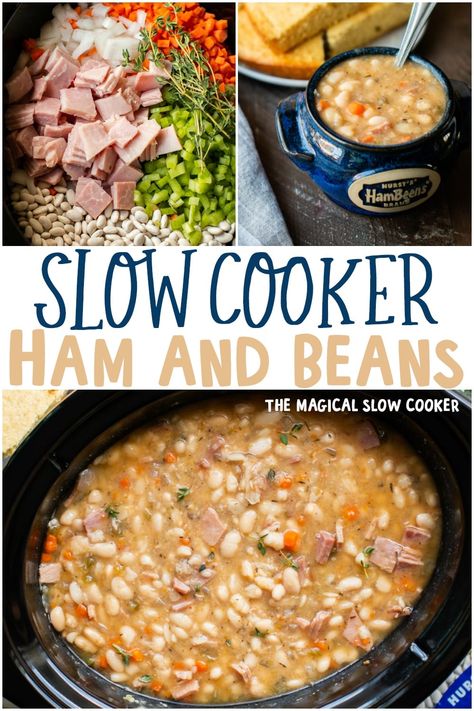 Ham and Beans is meant to be made in the slow cooker! The beans turn out super tender with little effort. - The Magical Slow Cooker #hamandbeans #beansandham #crockpot - The Magical Slow Cooker Ham And Beans Crockpot Recipes Best, Crockpot Ham And Beans Easy, Ham And Beans Crockpot Recipes Easy, Ham Beans Crockpot, Slow Cooker Ham And Bean Soup, Ham And Beans Crockpot Recipes, Crockpot Beans, Ham Beans, September Meals