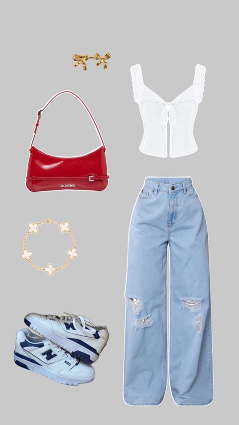 basic lace top with wide legged jeans, a bright red shoulder bag, new balance shoes and dainty golden accessories ❤️ Spring Fits, Fit Board Workouts, Girls Life, Classy Outfits, Running Errands, Fashion Inspo, Cute Outfits, Running, Outfit Inspo