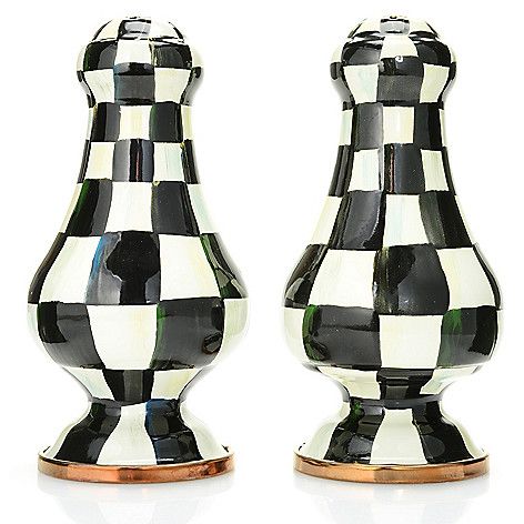 Evine Online Home Shopping - MacKenzie-ChildsSet of 2 (6.75")Hand-DecoratedEnamelware Salt& Pepper Shakers on sale.  Shake up your at-home dining experience with this pretty pair of shaker. In your choice of pattern, this chicly decorated salt and pap Whimsical Painted Furniture Ideas, Pottery Accessories, Jewel Tones Palette, Mackenzie Childs Diy, Signature Board, Mackenzie Childs Inspired, Check Mate, Courtly Check, Salt N Pepper