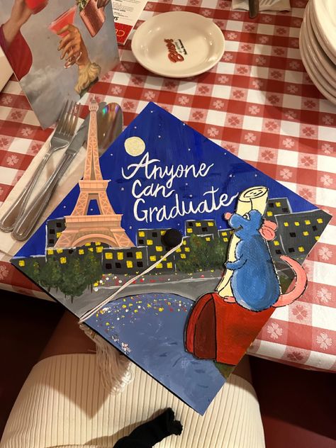 Ratatouille Senior Parking Spot, Disney Inspired Grad Caps, Bluey Grad Cap, Ratatouille Grad Cap, Snoopy Graduation Cap Designs, Wall-e Graduation Cap, Graduation Cap Designs Books, Grad Cap Inspo Disney, Strawberry Shortcake Graduation Cap