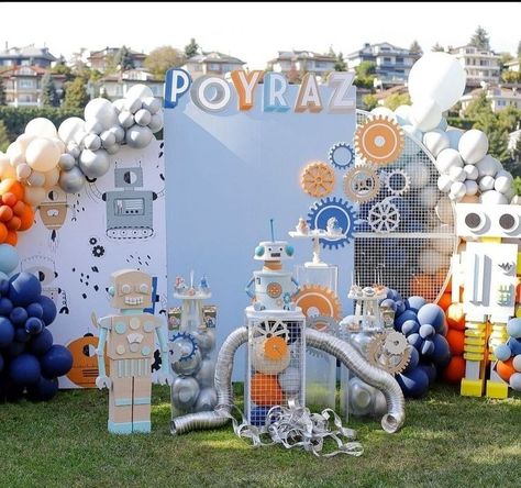 (4) WhatsApp Robot Themed Birthday Party, Balloon Flower Decorations, Playground Party, Robot Decorations, Robot Birthday Party, Birthday Theme Decoration, Robot Theme, Robot Party, 1st Birthday Party Themes