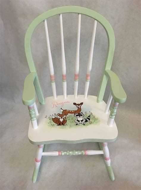 Kids Painted Furniture, Painting Kids Furniture, Rocking Chair Makeover, Painted Rocking Chairs, Hand Painted Chairs, Diy Kids Furniture, Kids Rocking Chair, Whimsical Painted Furniture, Childrens Rocking Chairs