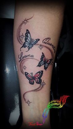 Granddaughter Tattoos, Grandma Tattoo For Grandkids, Butterfly Leg Tattoos, Butterfly Ankle Tattoos, Memory Tattoos, Butterfly Name Tattoo, Unique Butterfly Tattoos, Cool Wrist Tattoos, Tattoos With Kids Names