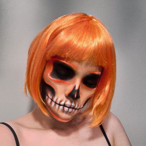 Halloween Orange Makeup, Colourful Skull Makeup, Red Orange Yellow Makeup Looks, Orange Skull Makeup, Orange Hair Costume Ideas, Halloween Makeup Orange, Red Skull Makeup, Orange Halloween Makeup, Halloween Face Art