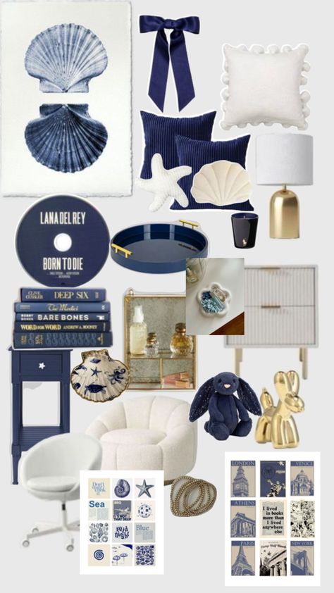 Navy Blue And Cream Bedroom Ideas, Navy Blue Room Inspiration, Navy Room Inspiration, Navy Blue Accent Bedroom, Navy Blue White And Gold Bedroom, Navy Room Decor Bedroom, Blue Dorm Room Decor, Room Inspo Navy Blue, Navy Blue Aesthetic Room