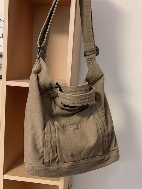 Khaki Unisex Collar  Fabric Plain Shoulder Tote Bag Embellished   Women Bags Cross Body Bag Pattern, Tote Bags For School, Vintage Tote Bag, Adjustable Bag, Bags Aesthetic, Tote Bag Pattern, Simple Bags, Vintage Casual, Canvas Shoulder Bag