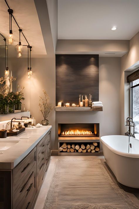 Luxurious Bathroom Farmhouse Electric Fireplace Ideas for a Spa-like Experience Fireplace Between Master Bed And Bath, Fireplaces In Bathrooms, Master Bath With Fireplace, Farmhouse Electric Fireplace Ideas, Bathroom Fireplace Ideas, Bathroom With Fireplace, Farmhouse Electric Fireplace, Bedroom Extension, Mountain Bathroom