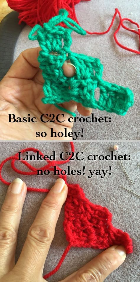 Technique :: No-Hole or Linked C2C Crochet, free tutorial by Helena Asmus Lim. Step by step phototutorial for using linked DC for corner-to-corner (C2C). A genius idea. C2c Crochet Tutorial Left Handed, Small C2c Crochet Pattern, Crochet C2c Tutorial, C2c Beginner Pattern, How To Crochet C2c, C2c Crochet Blanket Pattern Free Beginner, Corner To Corner Granny Square Pattern, C2c In A Straight Line, C2c For Beginners