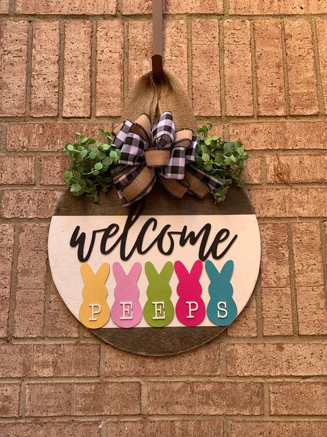 Peeps Front Door Decor Easter Welcome Farmhouse Door Hanger | Etsy Farmhouse Door Hanger, Easter Front Door, Easter Door Wreaths, Farmhouse Door, Easter Door Hanger, Small Nails, Door Signs Diy, Wood Wreath, Wooden Door Signs