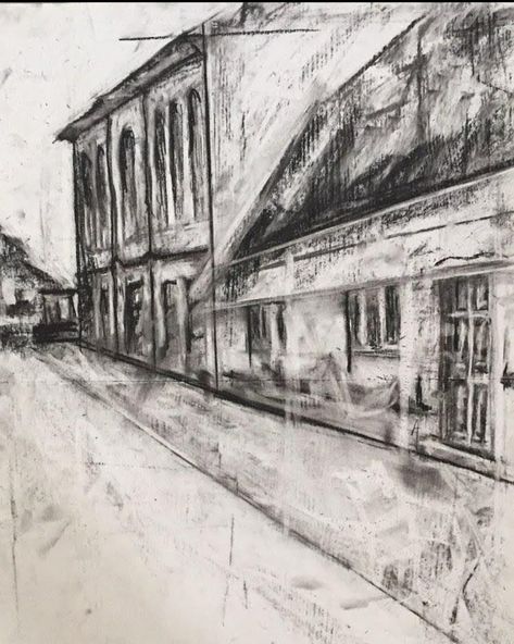 In this piece I really wanted to create movement to reflect the energy of childhood as this was my childhood town. I used charcoal smudges and to contrast with the movement, I added structural lines, necessary for a building. Dimensions were important to create illusion of distance. #art #charcoal #building #architecture #drawing #landscape #inspiration #graphite #beautiful #town #artist #home #childhood #love #commission #painting #pencil Charcoal Architecture, Childhood Love, Artist Home, Painting Pencil, Landscape Inspiration, Art Charcoal, Building Drawing, Beautiful Town, Commission Painting