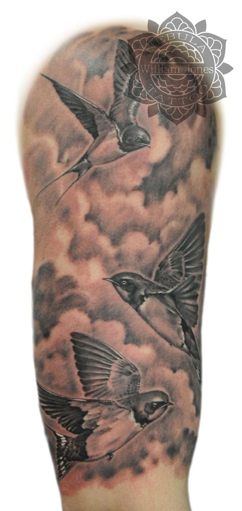 Swallows and clouds half sleeve, done by William Jones Swallow Tattoo Sleeve, Swallows Tattoo, Guy Tattoos, Bird Tattoo Sleeves, Clouds Tattoo, Nebula Tattoo, Flying Bird Tattoo, Swallow Tattoo, Cloud Tattoo