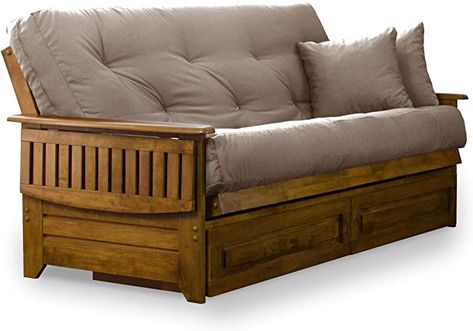 Amazon.com: Brentwood Tray Arm Futon Frame, Drawers, and Microfiber Khaki Mattress Set - Queen, Heritage Finish : Home & Kitchen Wooden Futon, Wood Futon, Wood Futon Frame, Queen Size Futon, Queen Futon, Full Size Futon, Futon Frames, Queen Frame, Futon Decor