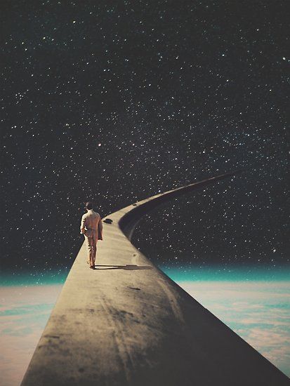 We chose this road my dear. Don’t look back, don’t be afraid, you are not alone. -vintage collage man space universe retro retrofuture surreal walking road frank moth pop art stars loneliness graphic design Art Spatial, Futurisme Retro, Surreal Collage, Frank Moth, Vintage Collage, Trippy Art, Futurism, 판타지 아트, Retro Futurism