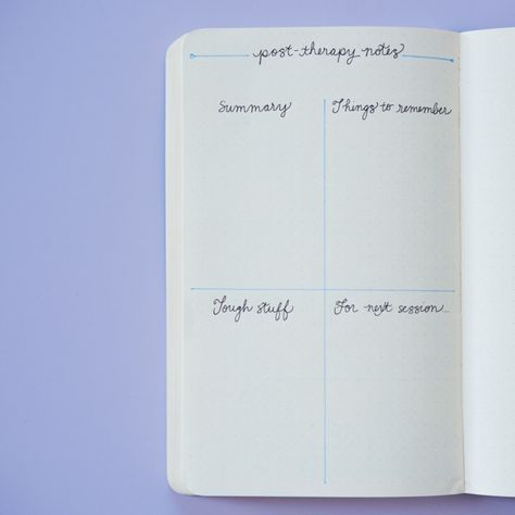 Create a template for debriefing after therapy sessions. | Here's How To Use A Bullet Journal For Better Mental Health Bullet Journal Mental Health, Therapy Notes, Bujo Layout, Stem Challenge, Health Journal, Bullet Journal Layout, Bullet Journal Inspo, Journal Layout, Good Mental Health