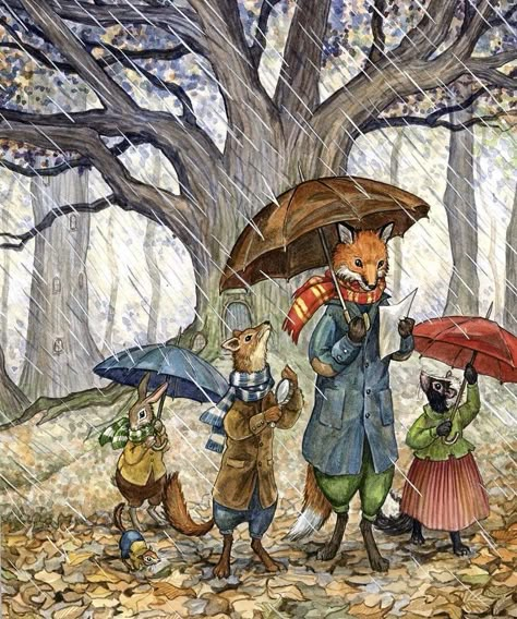 Astrid Sheckels Art on Instagram: “Rainy autumn days.🍂 . . . #astridsheckelsart #vintagestyle #watercolor #illustration #details #whimsicalart #whimsicalwonderfulwild #autumn…” Cozy Animals, Children Stories, Autumn Animals, Friends Card, Storybook Art, Autumn Illustration, Bear Illustration, Fantasy Paintings, Fairytale Art