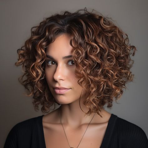 Angled Cut with Voluminous Curls Caucasian Curly Hairstyles, Curly Hair Angled Bob, Short Layer Curly Hair, Shorter Curly Hairstyles, Type 2c Curly Hair Hairstyles, Curly Hair Cuts Short Layers, Curly Mid Length Hairstyles, Curly Italian Bob, Shoulder Length Natural Curly Hair